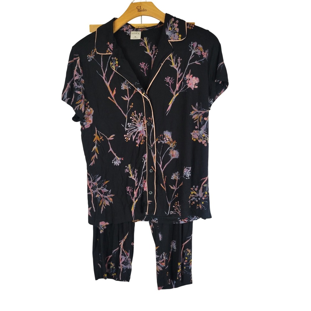 Soma Cool Nights Floral Pajamas Set Black Purple Size Extra Large